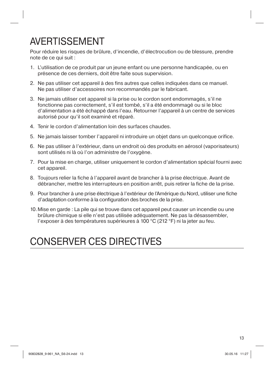 Avertissement, Conserver ces directives | Braun Silk-épil 9 SkinSpa  5377 User Manual | Page 12 / 21