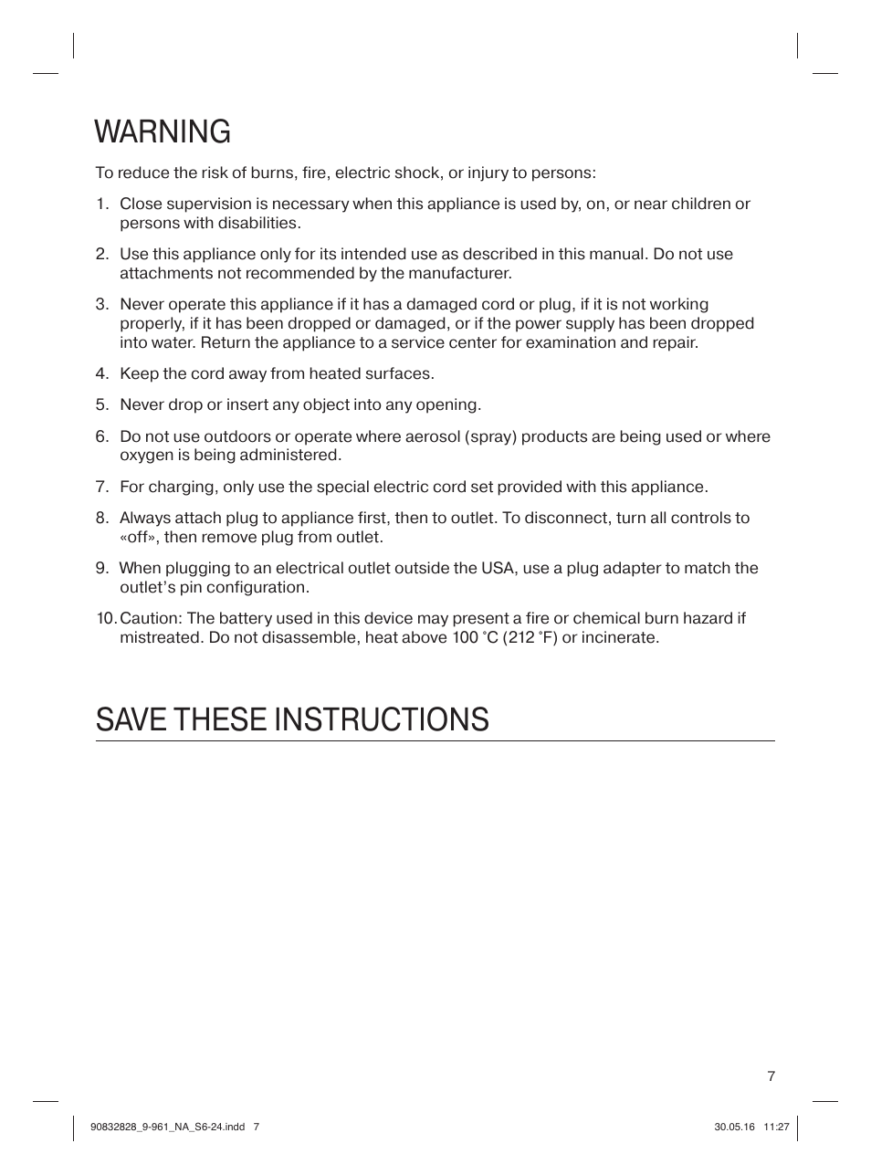 Warning, Save these instructions | Braun Silk-épil 9 SkinSpa  5377 User Manual | Page 6 / 21