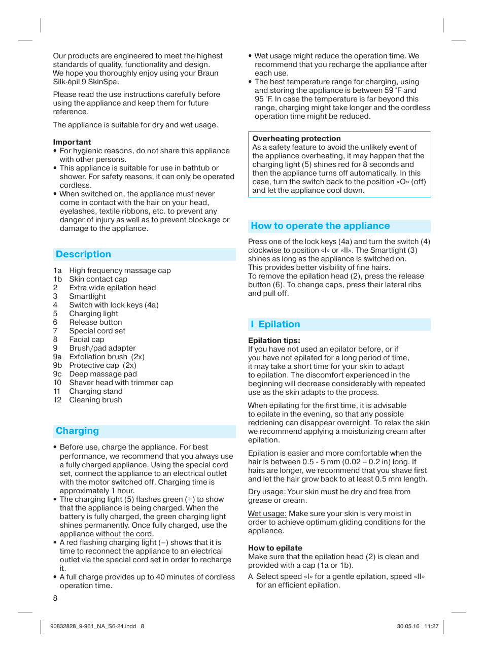 Description, Charging, How to operate the appliance | I epilation | Braun Silk-épil 9 SkinSpa  5377 User Manual | Page 7 / 21