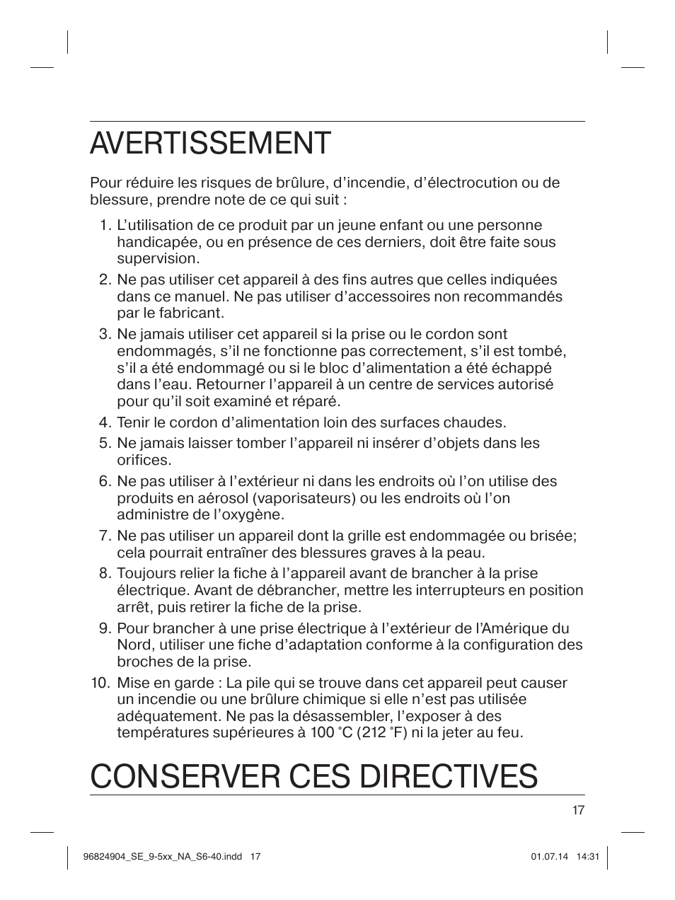 Conserver ces directives, Avertissement | Braun Silk-épil 9 SkinSpa  5377 User Manual | Page 17 / 38