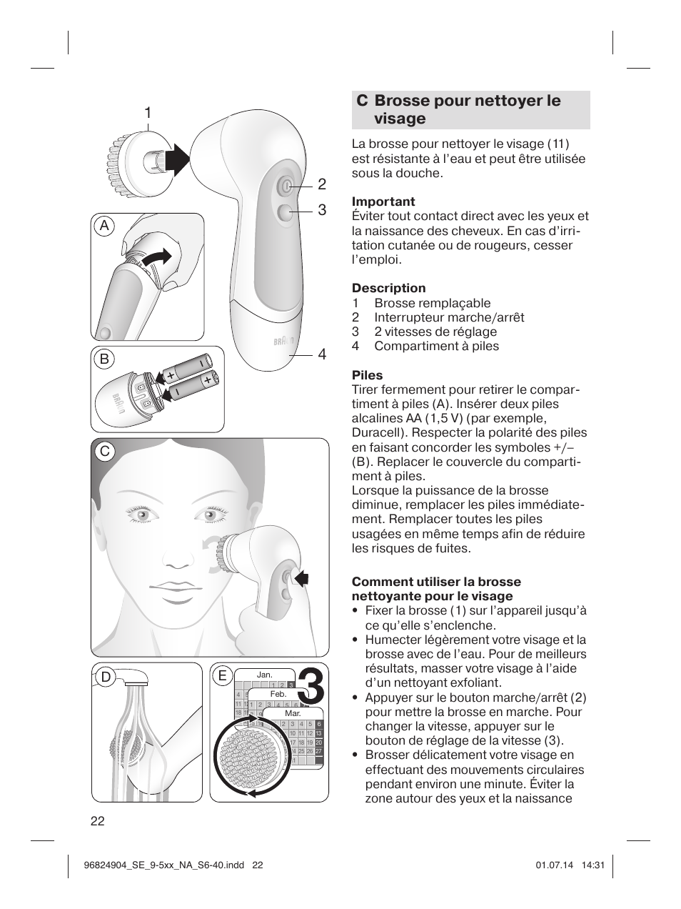 C brosse pour nettoyer le visage, Ab c d e | Braun Silk-épil 9 SkinSpa  5377 User Manual | Page 22 / 38