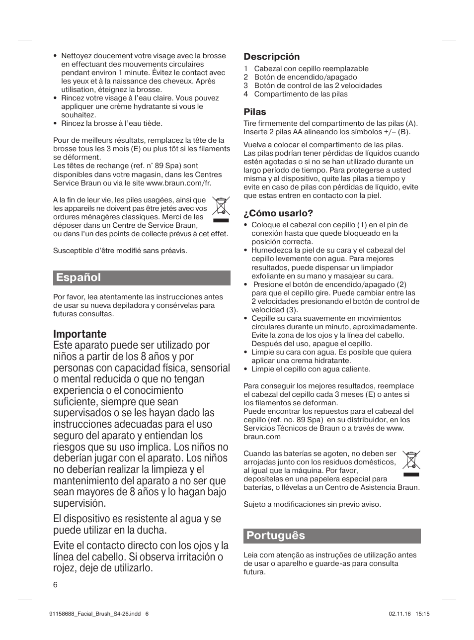 Español, Português, Descripción | Pilas, Cómo usarlo | Braun Silk-épil 5357 User Manual | Page 6 / 26