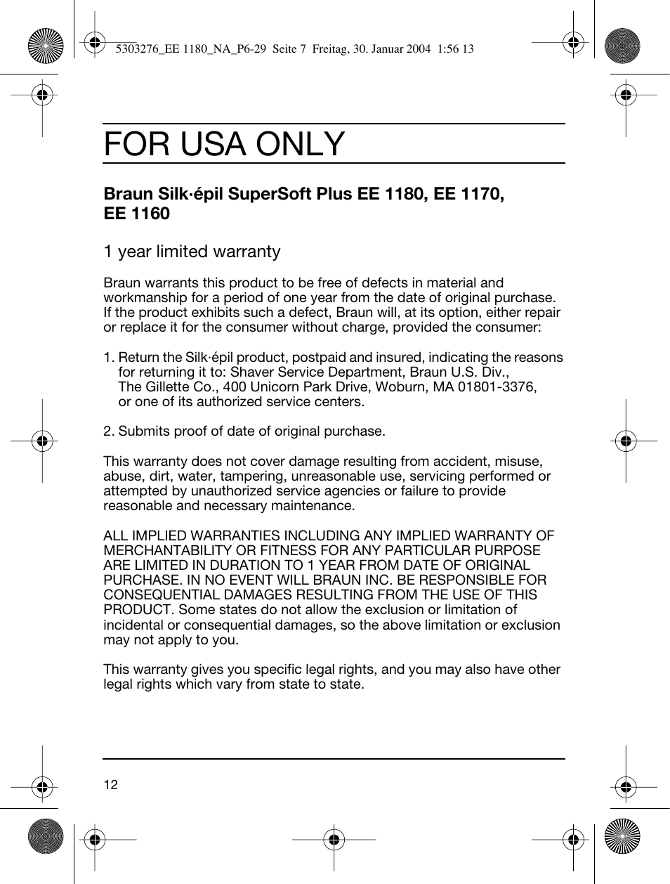 For usa only | Braun Silk-épil SuperSoft User Manual | Page 12 / 29