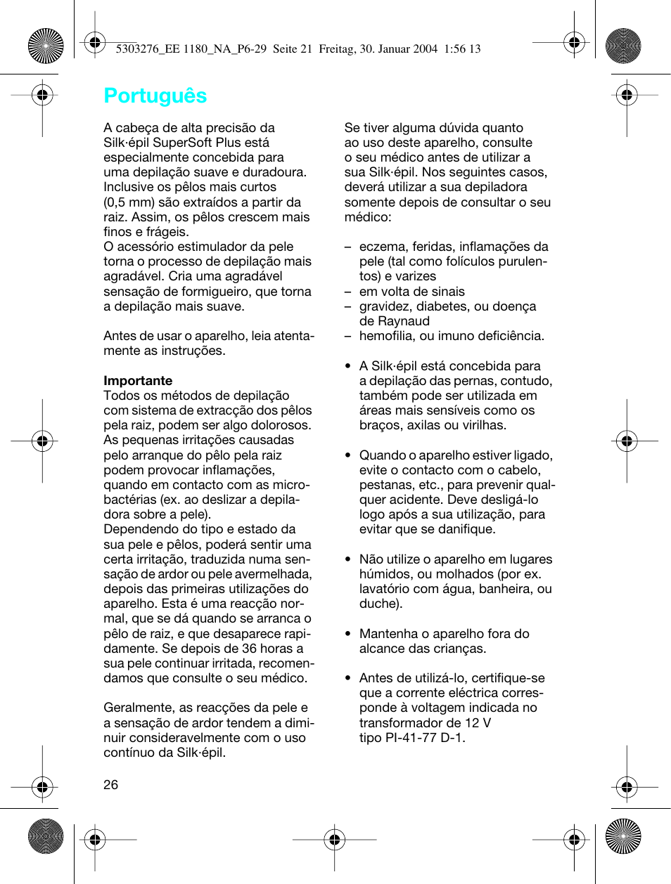 Português | Braun Silk-épil SuperSoft User Manual | Page 26 / 29