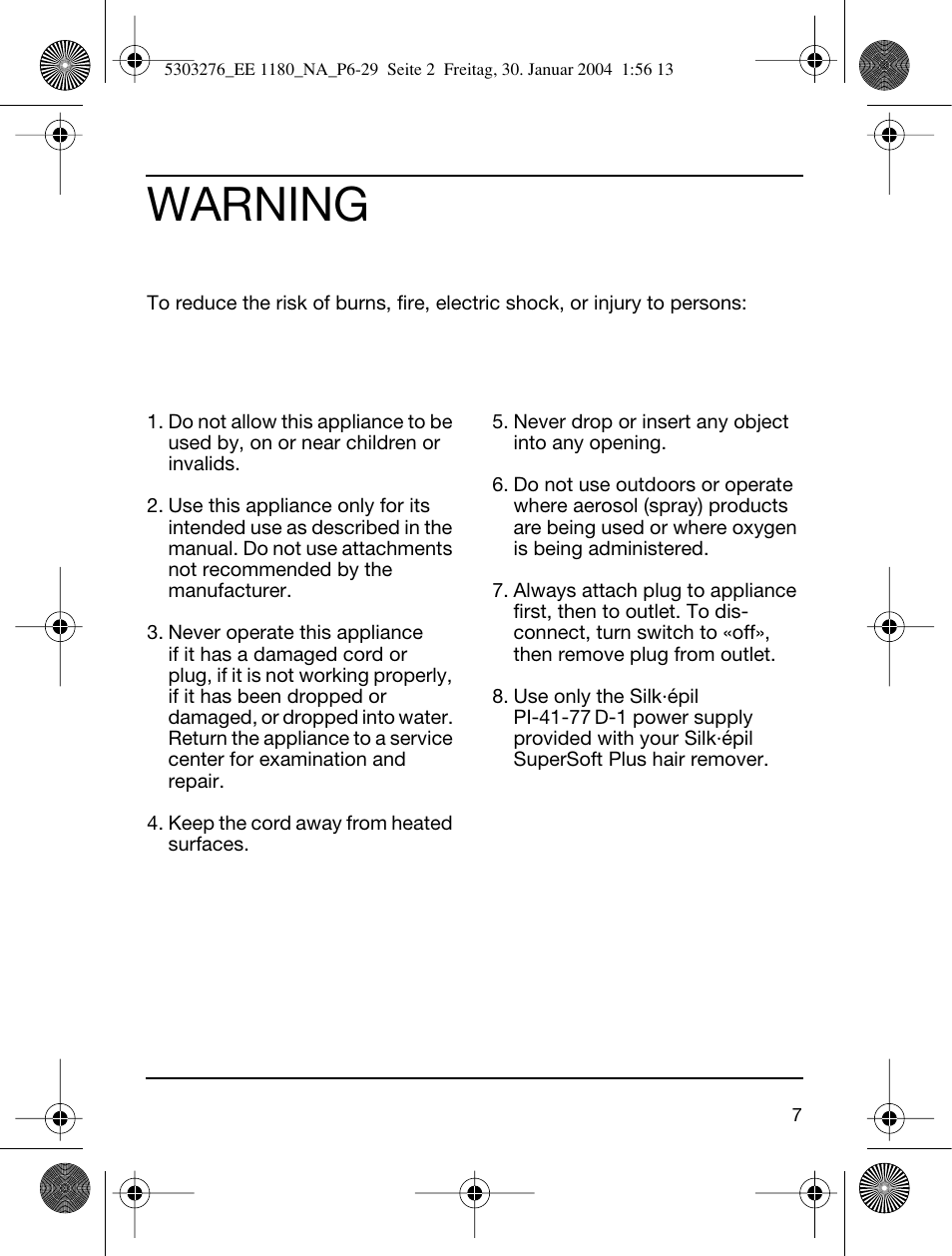 Warning | Braun Silk-épil SuperSoft User Manual | Page 7 / 29