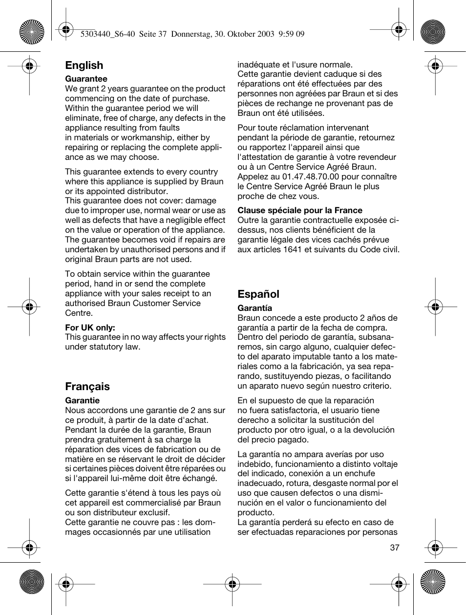 English, Français, Español | Braun Silk-épil SuperSoft User Manual | Page 36 / 42