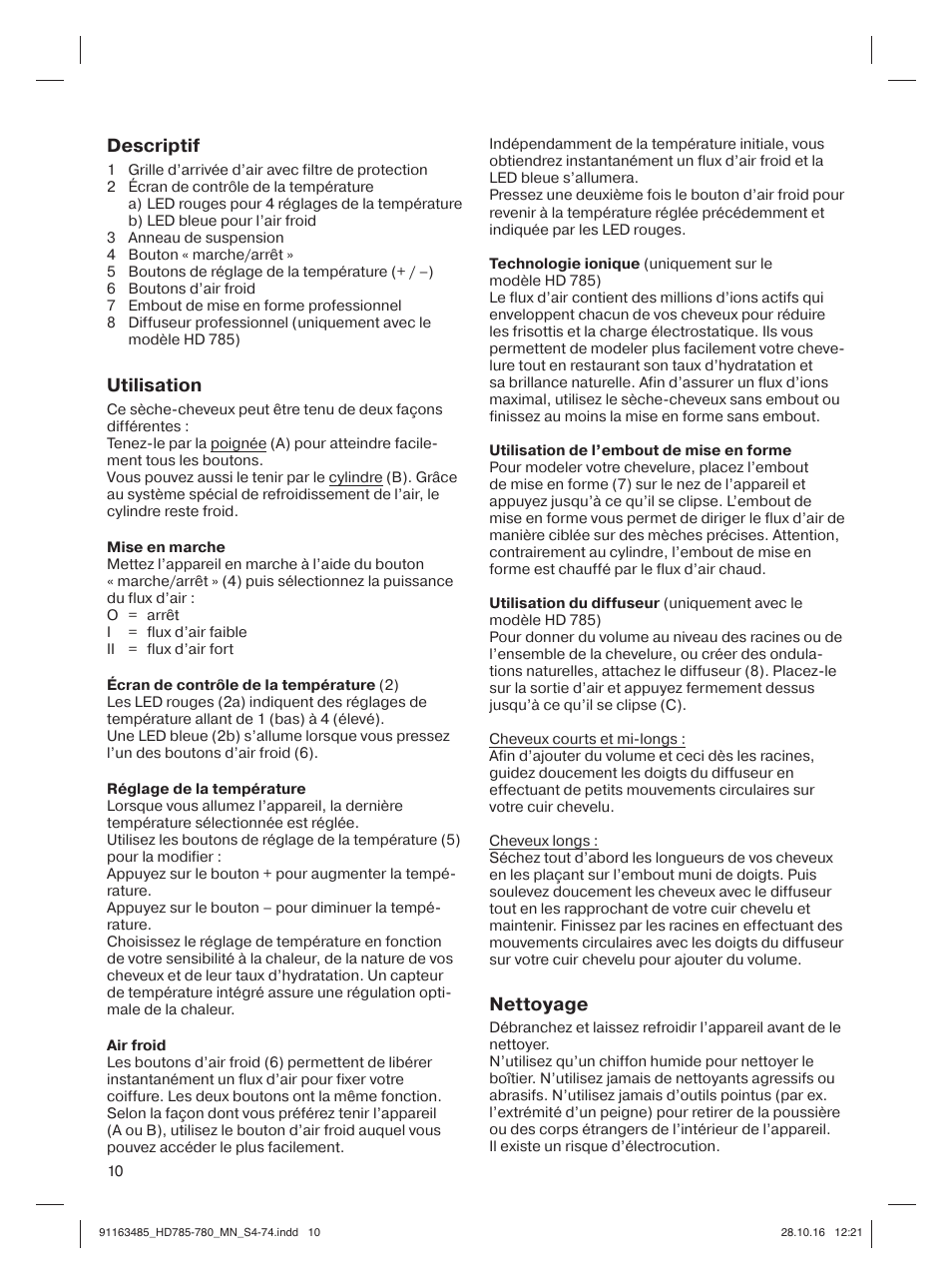 Descriptif, Utilisation, Nettoyage | Braun Satin Hair 7 User Manual | Page 10 / 70