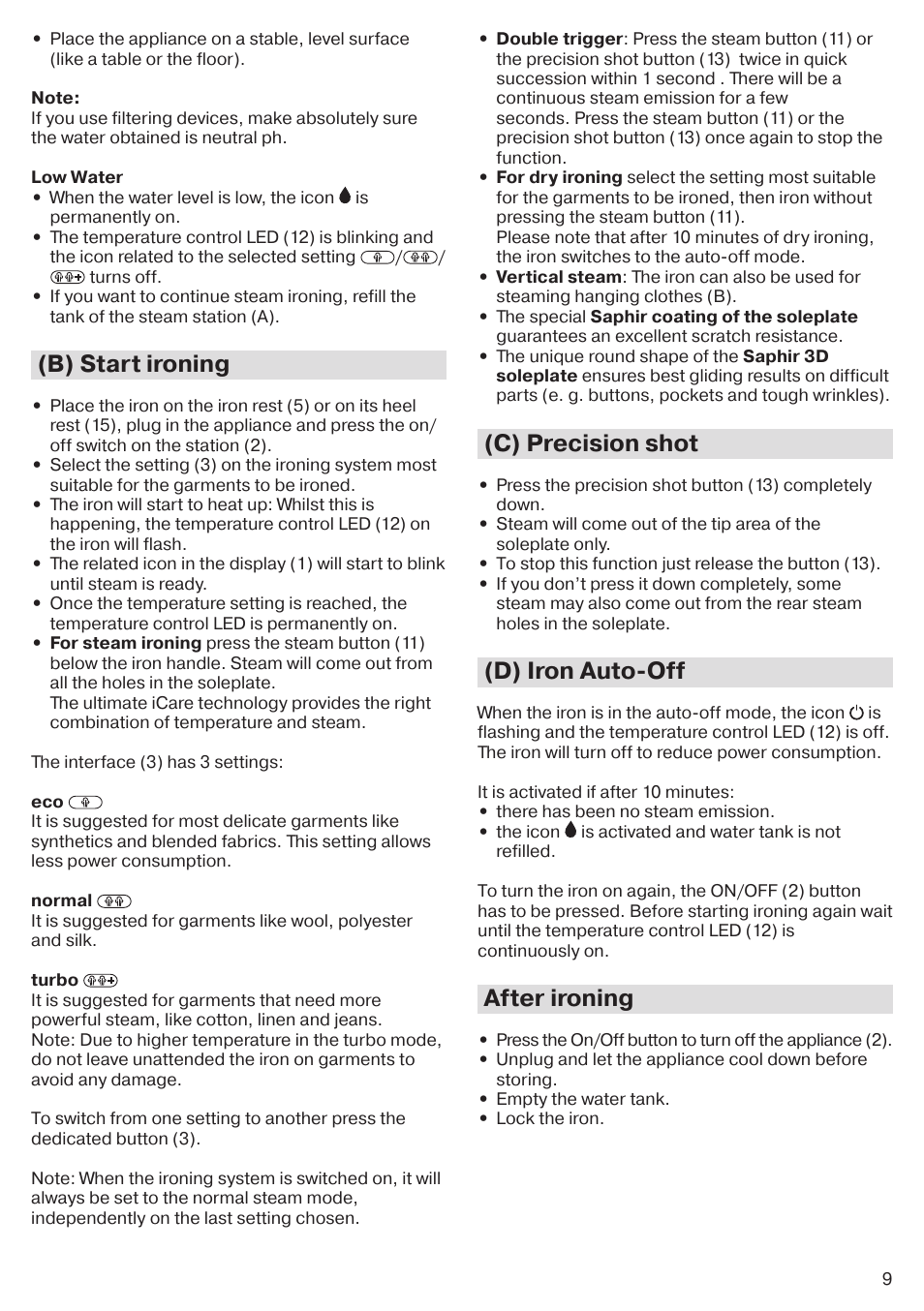 B) start ironing, C) precision shot, D) iron auto-off | After ironing | Braun CareStyle 5 Pro IS 5055 User Manual | Page 10 / 95