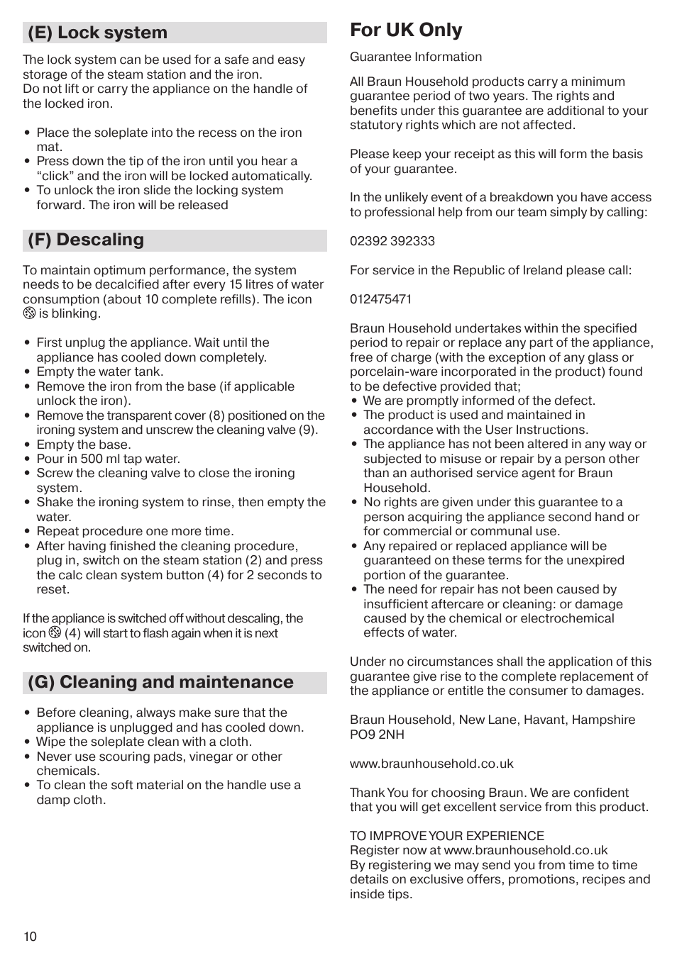 For uk only, E) lock system, F) descaling | G) cleaning and maintenance | Braun CareStyle 5 Pro IS 5055 User Manual | Page 11 / 95