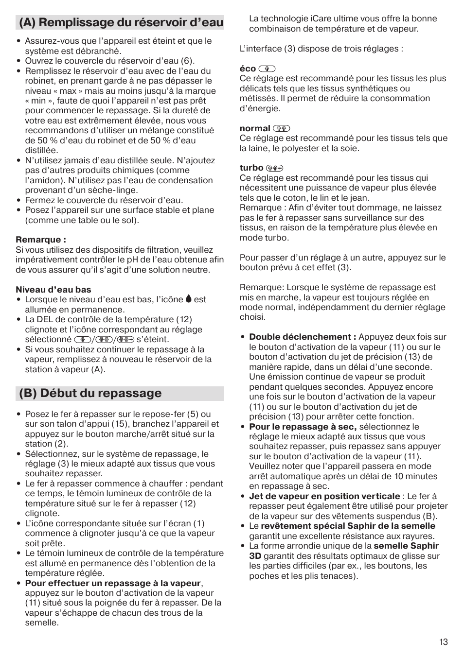 A) remplissage du réservoir d’eau, B) début du repassage | Braun CareStyle 5 Pro IS 5055 User Manual | Page 14 / 95