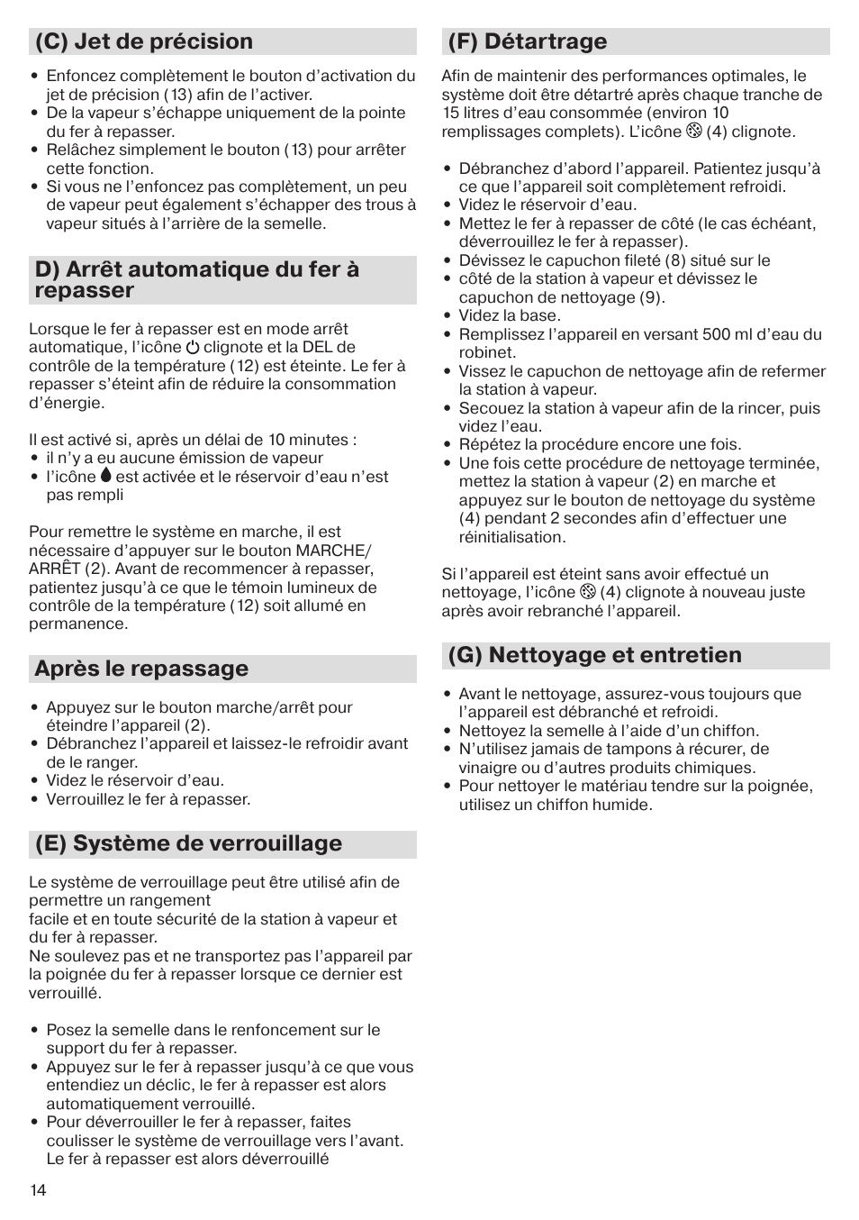 C) jet de précision, D) arrêt automatique du fer à repasser, Après le repassage | E) système de verrouillage, F) détartrage, G) nettoyage et entretien | Braun CareStyle 5 Pro IS 5055 User Manual | Page 15 / 95