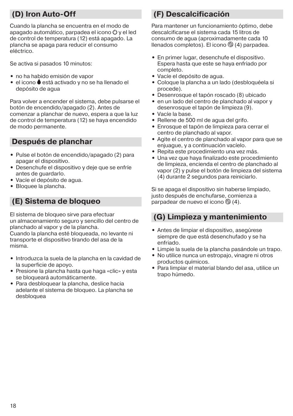 D) iron auto-off, Después de planchar, E) sistema de bloqueo | F) descalcificación, G) limpieza y mantenimiento | Braun CareStyle 5 Pro IS 5055 User Manual | Page 19 / 95