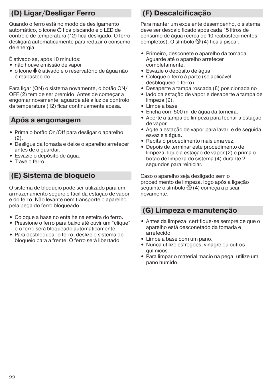 D) ligar/desligar ferro, Após a engomagem, E) sistema de bloqueio | F) descalcificação, G) limpeza e manutenção | Braun CareStyle 5 Pro IS 5055 User Manual | Page 23 / 95