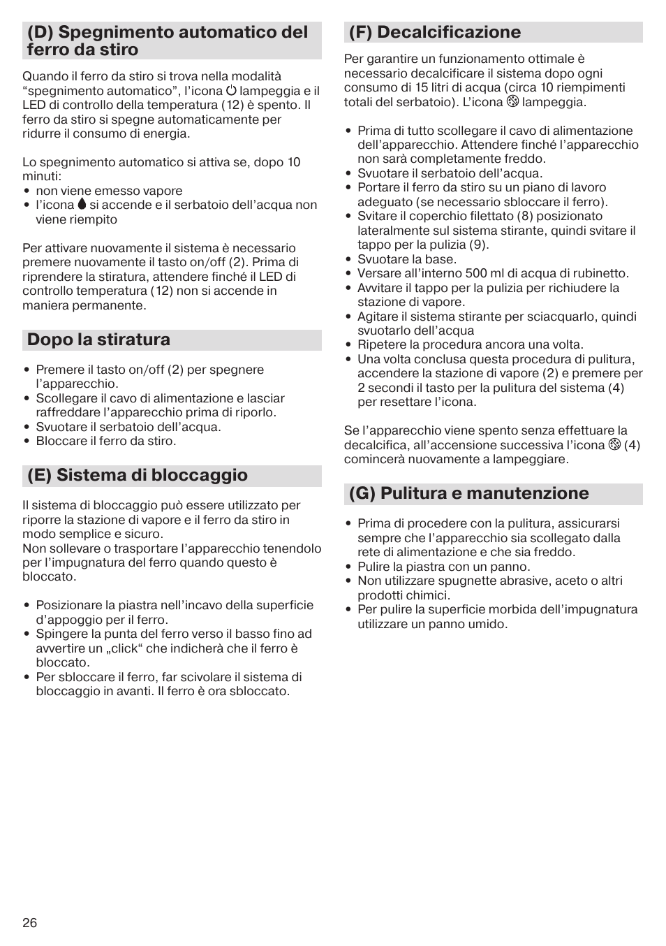 D) spegnimento automatico del ferro da stiro, Dopo la stiratura, E) sistema di bloccaggio | F) decalcificazione, G) pulitura e manutenzione | Braun CareStyle 5 Pro IS 5055 User Manual | Page 27 / 95