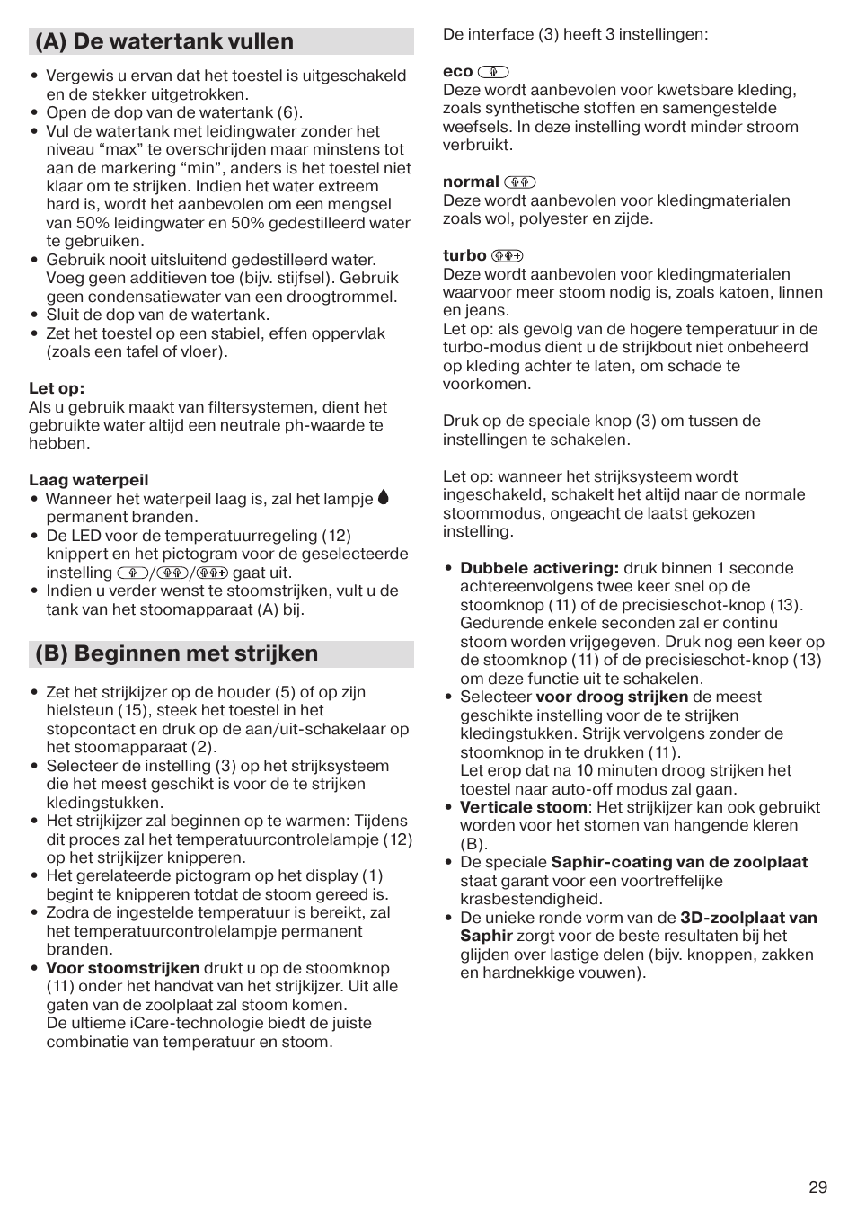 A) de watertank vullen, B) beginnen met strijken | Braun CareStyle 5 Pro IS 5055 User Manual | Page 30 / 95