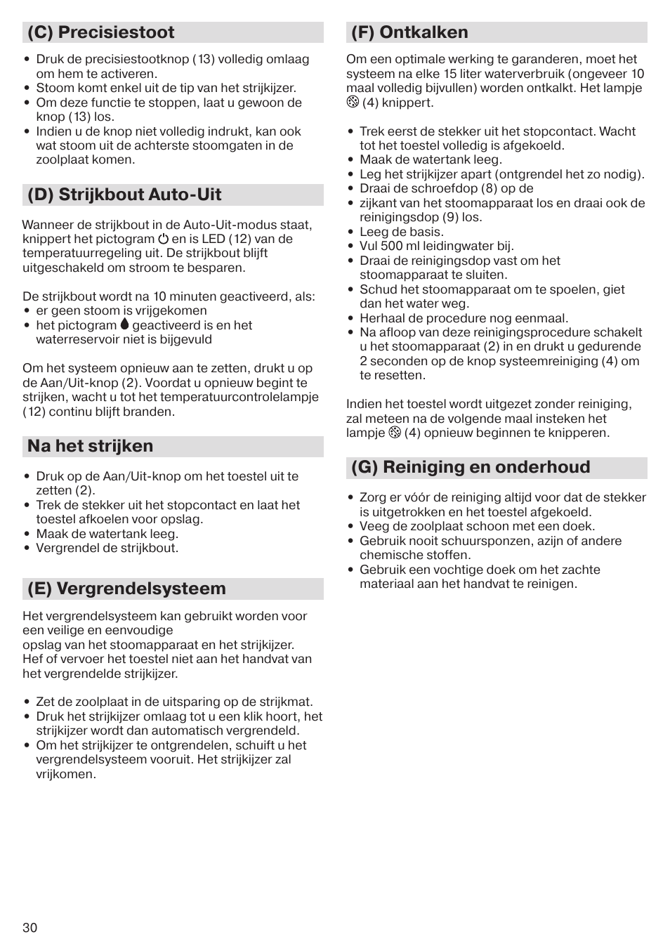 C) precisiestoot, D) strijkbout auto-uit, Na het strijken | E) vergrendelsysteem, F) ontkalken, G) reiniging en onderhoud | Braun CareStyle 5 Pro IS 5055 User Manual | Page 31 / 95