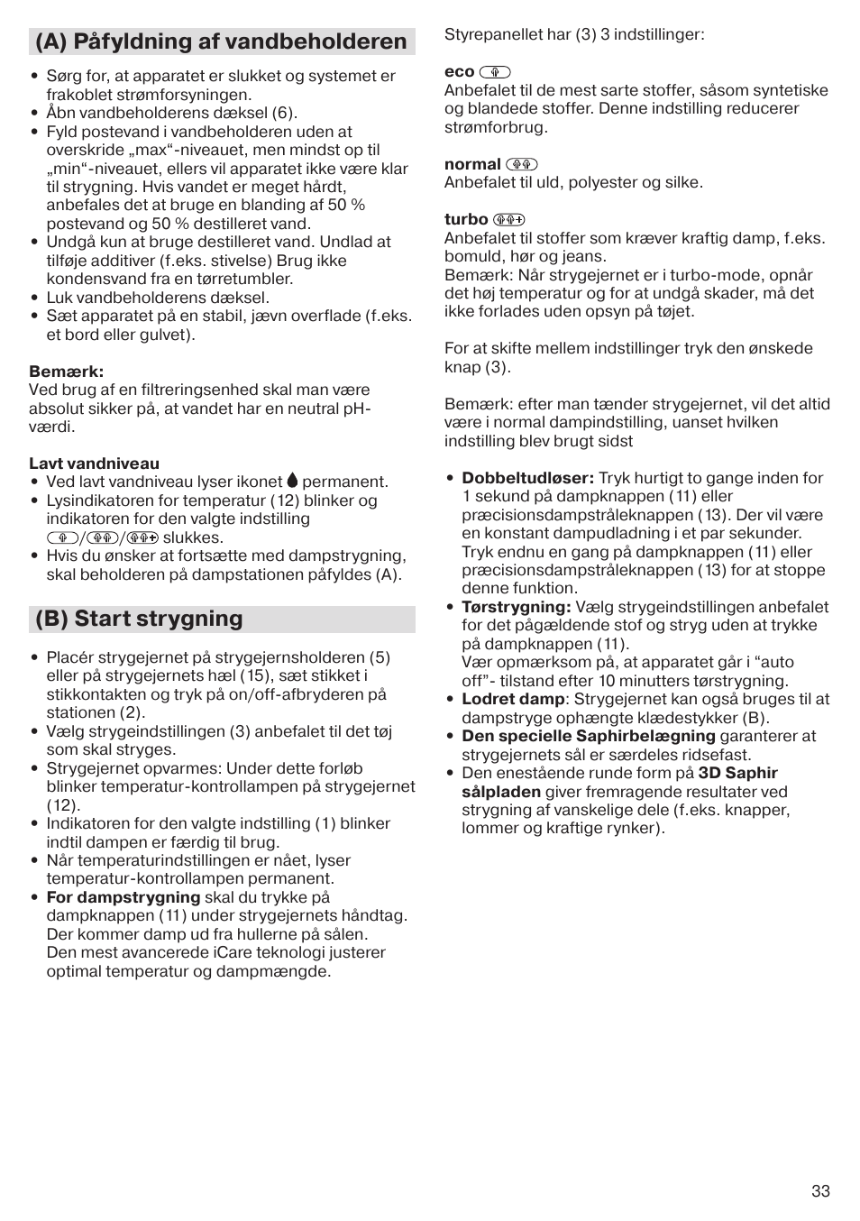 A) påfyldning af vandbeholderen, B) start strygning | Braun CareStyle 5 Pro IS 5055 User Manual | Page 34 / 95