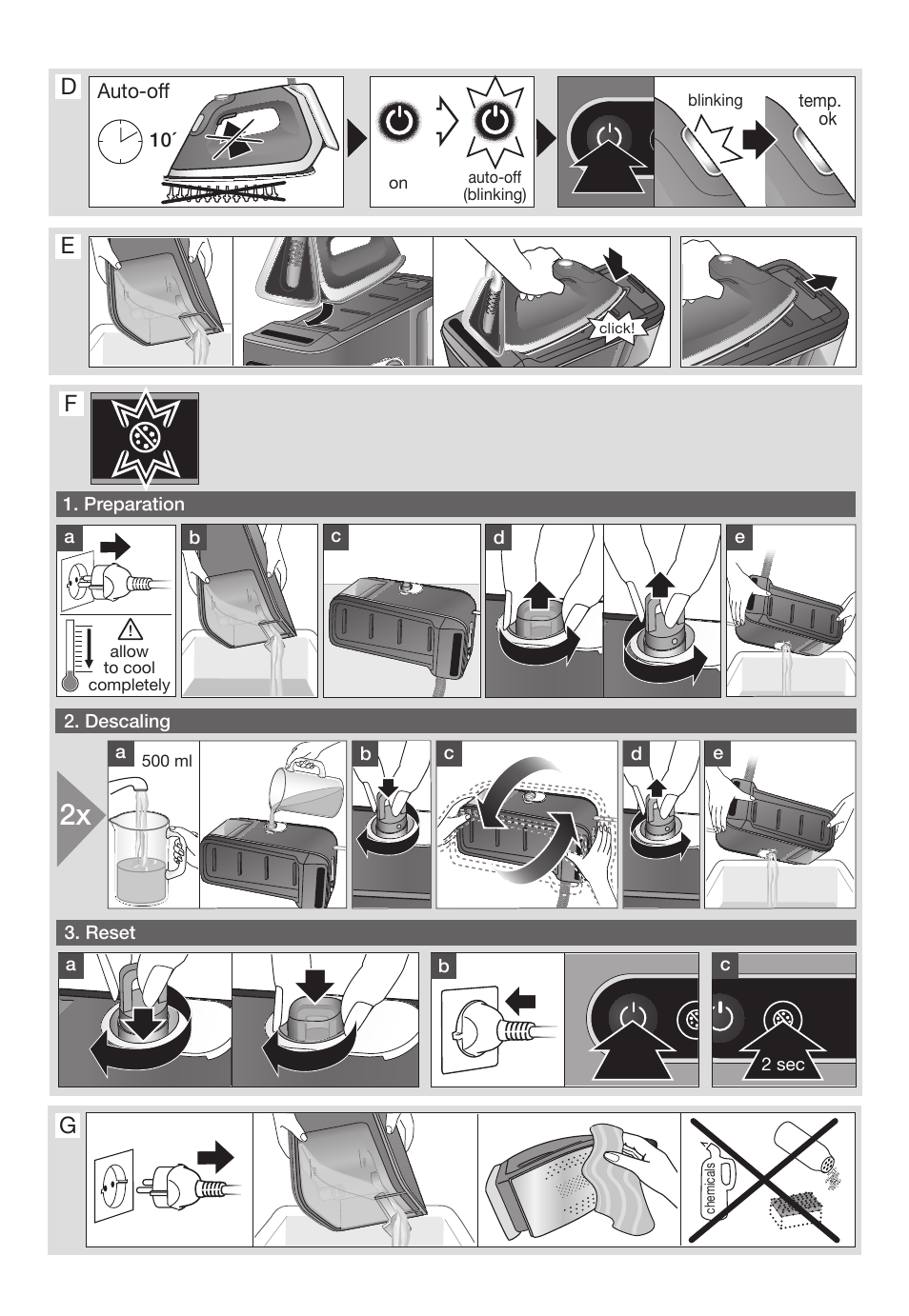 De f, Ab c, Auto-off | Normal turbo, Auto, Auto turbo, Steam button, Precision shot, Auto turbo temp. ok, 2 sec | Braun CareStyle 5 Pro IS 5055 User Manual | Page 4 / 95