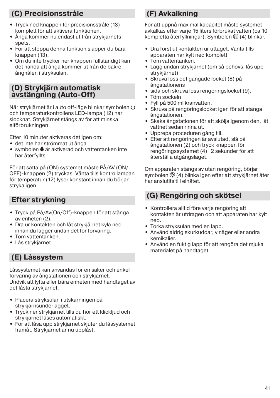 C) precisionsstråle, D) strykjärn automatisk avstängning (auto-off), Efter strykning | E) låssystem, F) avkalkning, G) rengöring och skötsel | Braun CareStyle 5 Pro IS 5055 User Manual | Page 42 / 95