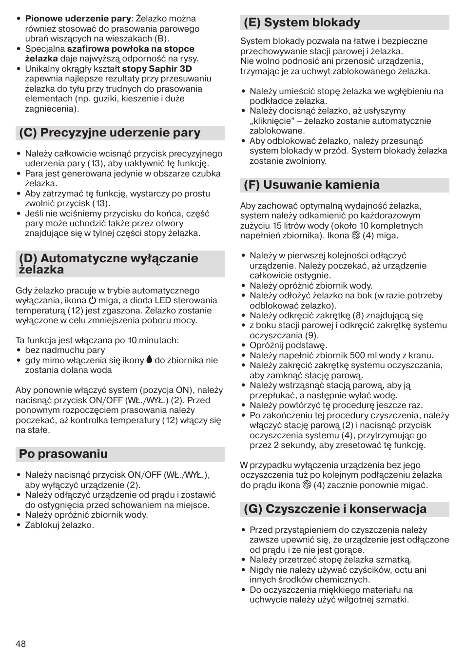 C) precyzyjne uderzenie pary, D) automatyczne wyłączanie żelazka, Po prasowaniu | E) system blokady, F) usuwanie kamienia, G) czyszczenie i konserwacja | Braun CareStyle 5 Pro IS 5055 User Manual | Page 49 / 95