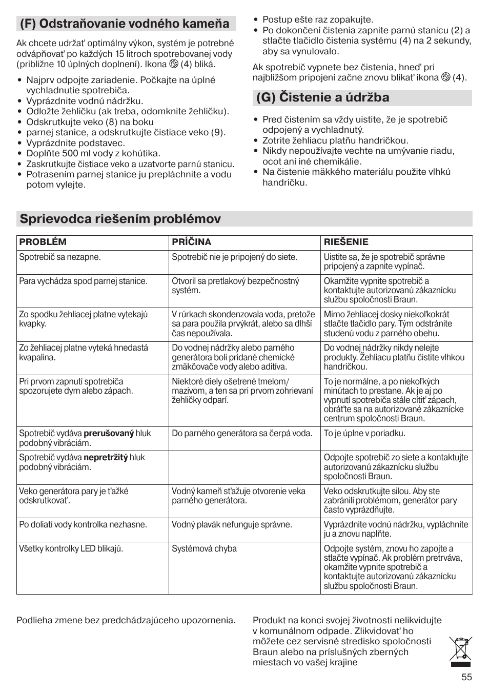 F) odstraňovanie vodného kameňa, G) čistenie a údržba, Sprievodca riešením problémov | Braun CareStyle 5 Pro IS 5055 User Manual | Page 56 / 95