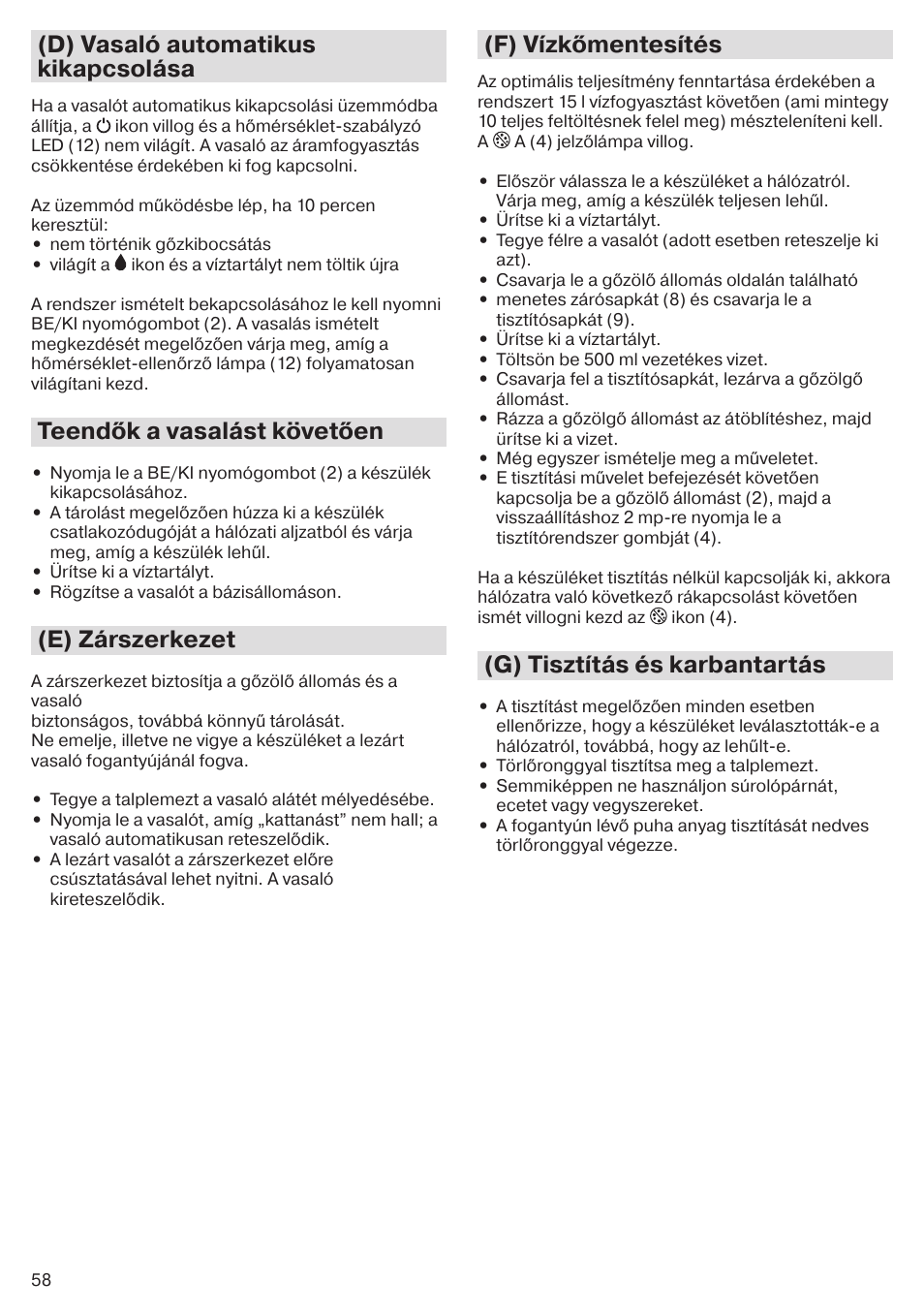 D) vasaló automatikus kikapcsolása, Teendők a vasalást követően, E) zárszerkezet | F) vízkőmentesítés, G) tisztítás és karbantartás | Braun CareStyle 5 Pro IS 5055 User Manual | Page 59 / 95