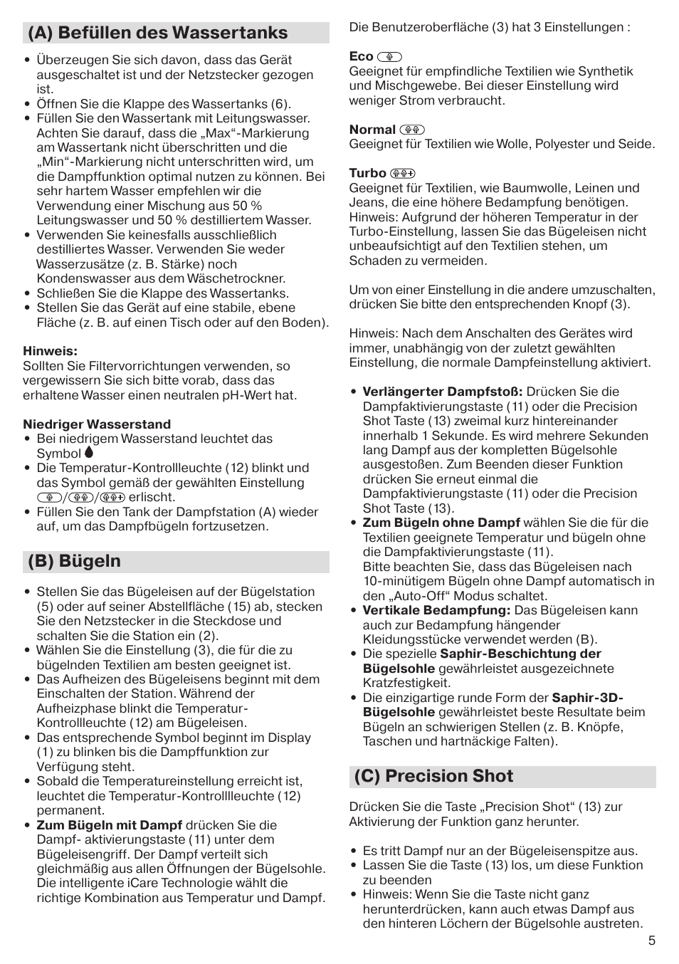 A) befüllen des wassertanks, B) bügeln, C) precision shot | Braun CareStyle 5 Pro IS 5055 User Manual | Page 6 / 95