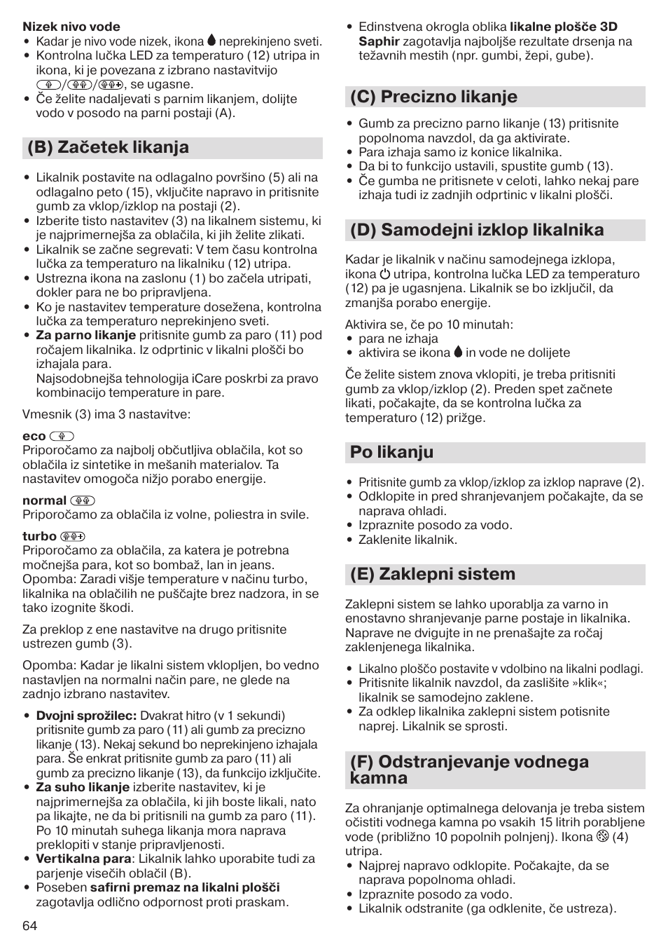 B) začetek likanja, C) precizno likanje, D) samodejni izklop likalnika | Po likanju, E) zaklepni sistem, F) odstranjevanje vodnega kamna | Braun CareStyle 5 Pro IS 5055 User Manual | Page 65 / 95