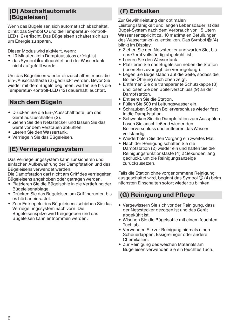 D) abschaltautomatik (bügeleisen), Nach dem bügeln, E) verriegelungssystem | F) entkalken, G) reinigung und pflege | Braun CareStyle 5 Pro IS 5055 User Manual | Page 7 / 95