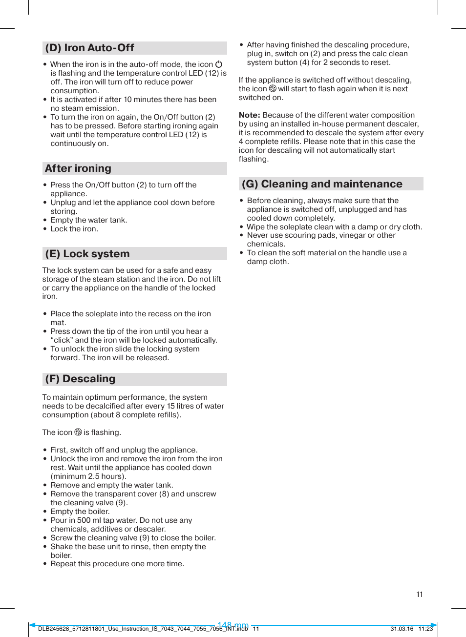 D) iron auto-off, After ironing, E) lock system | F) descaling, G) cleaning and maintenance | Braun CareStyle 7 Pro User Manual | Page 12 / 119