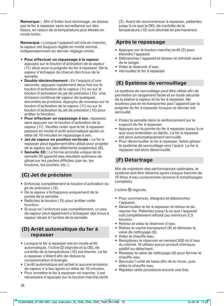 C) jet de précision, D) arrêt automatique du fer à repasser, Après le repassage | E) système de verrouillage, F) détartrage | Braun CareStyle 7 Pro User Manual | Page 17 / 119