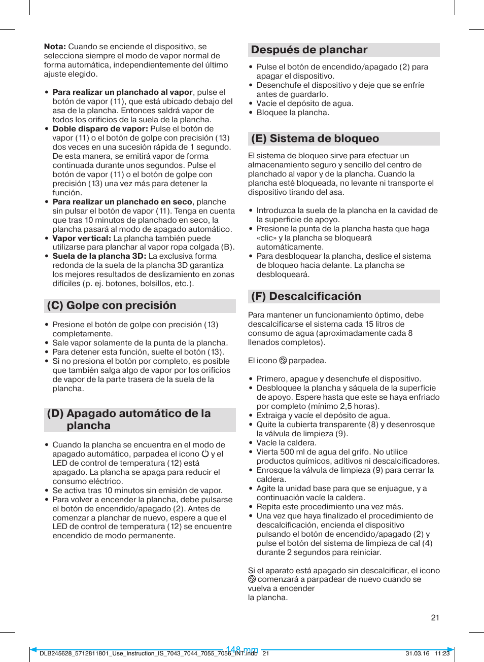 C) golpe con precisión, D) apagado automático de la plancha, Después de planchar | E) sistema de bloqueo, F) descalcificación | Braun CareStyle 7 Pro User Manual | Page 22 / 119