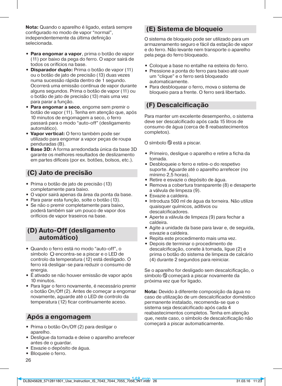 C) jato de precisão, D) auto-off (desligamento automático), Após a engomagem | E) sistema de bloqueio, F) descalcificação | Braun CareStyle 7 Pro User Manual | Page 27 / 119