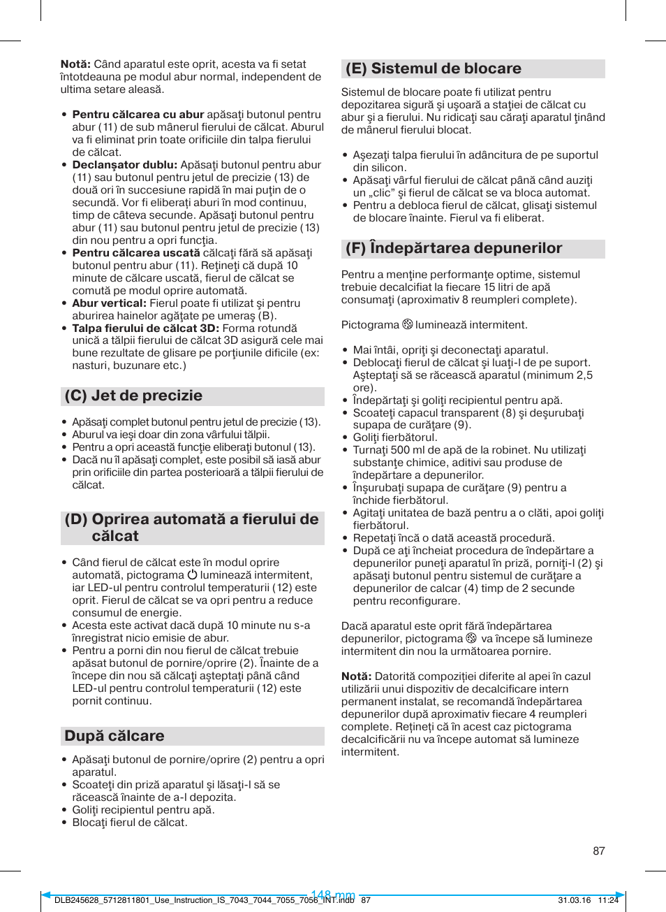 C) jet de precizie, D) oprirea automată a fierului de călcat, După călcare | E) sistemul de blocare, F) îndepărtarea depunerilor | Braun CareStyle 7 Pro User Manual | Page 88 / 119