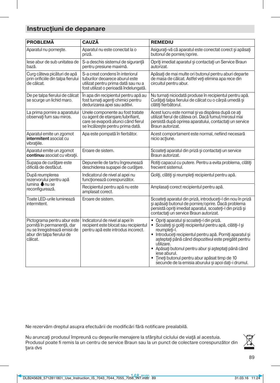 Instrucţiuni de depanare | Braun CareStyle 7 Pro User Manual | Page 90 / 119