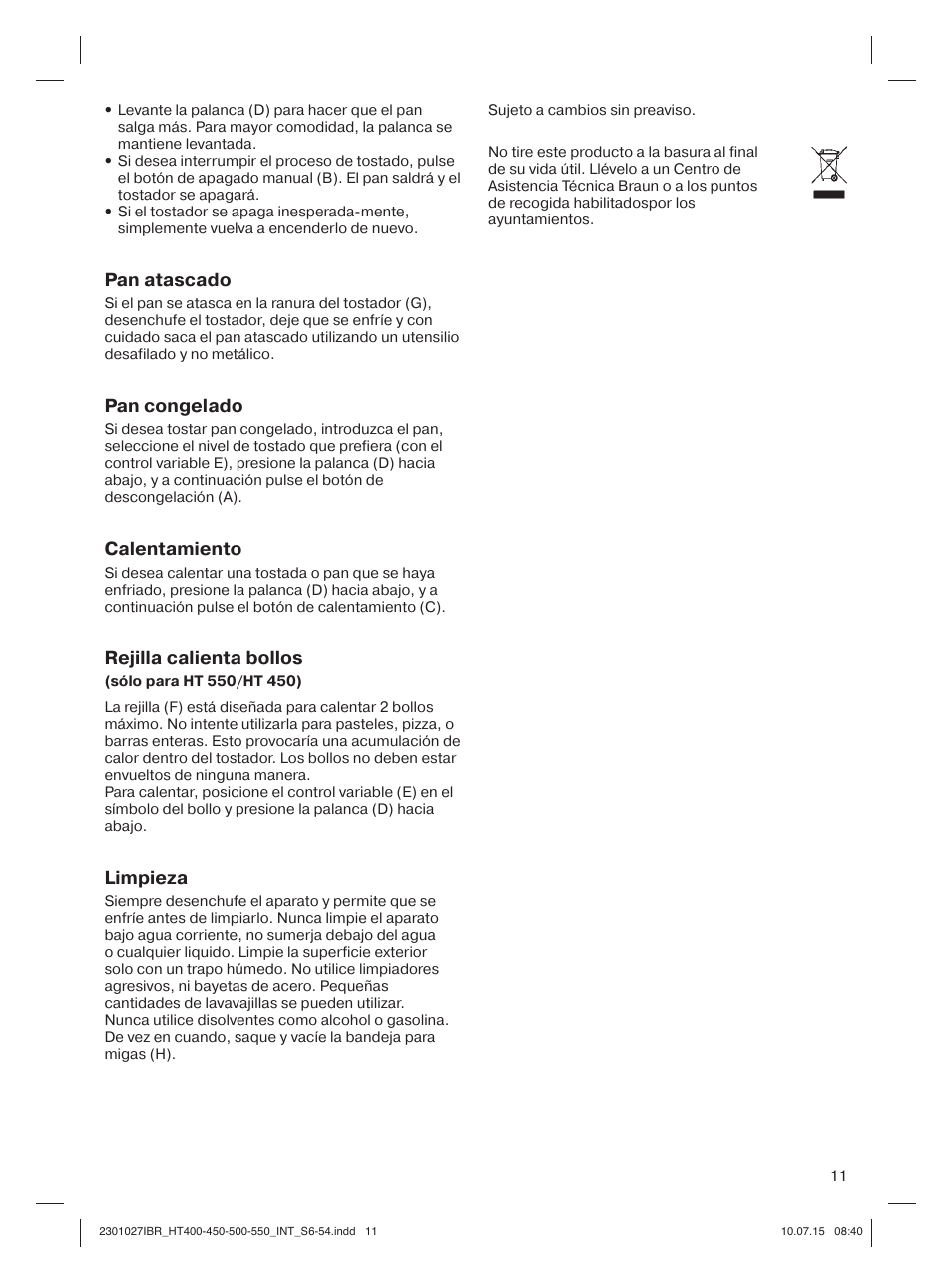 Pan atascado, Pan congelado, Calentamiento | Rejilla calienta bollos, Limpieza | Braun MultiToast HT400 User Manual | Page 11 / 54
