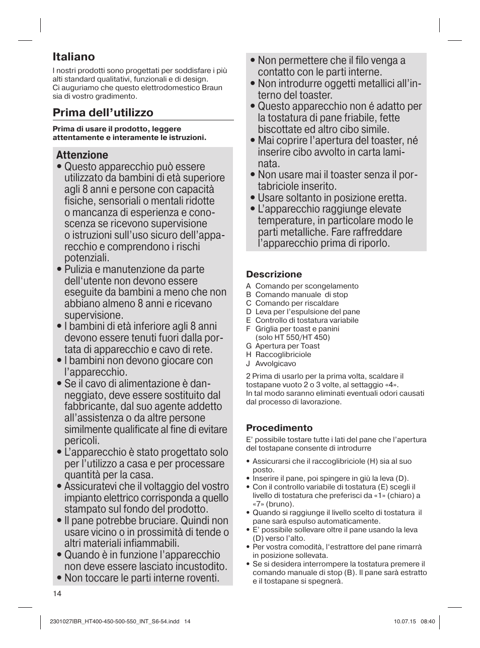 Italiano, Prima dell’utilizzo | Braun MultiToast HT400 User Manual | Page 14 / 54