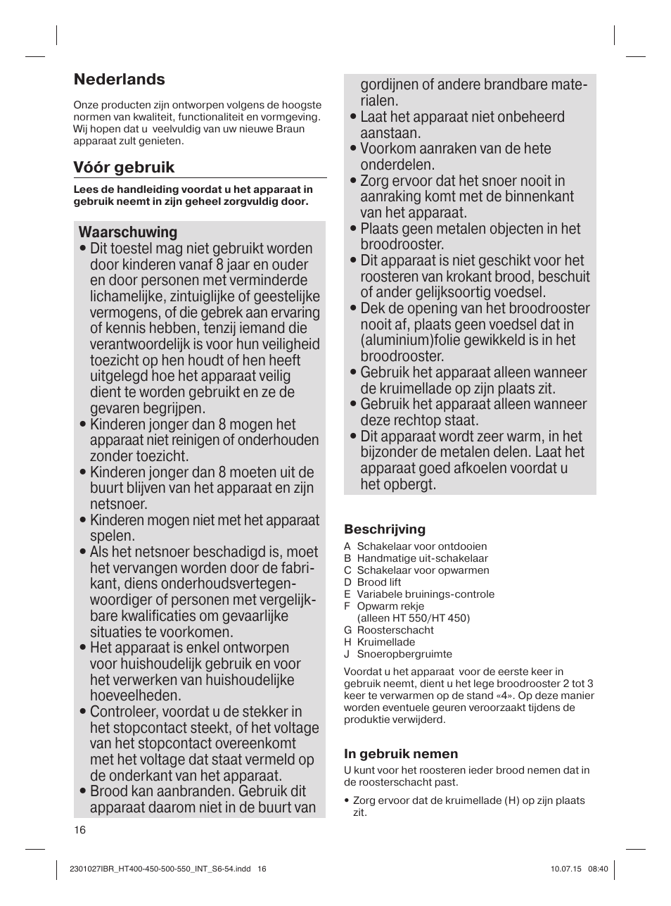 Braun MultiToast HT400 User Manual | Page 16 / 54