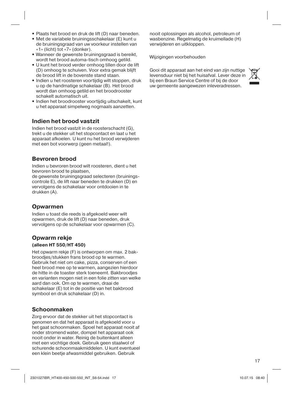 Indien het brood vastzit, Bevroren brood, Opwarmen | Opwarm rekje, Schoonmaken | Braun MultiToast HT400 User Manual | Page 17 / 54