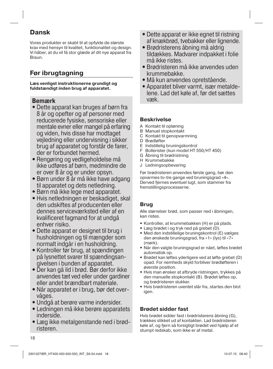 Dansk, Før ibrugtagning | Braun MultiToast HT400 User Manual | Page 18 / 54