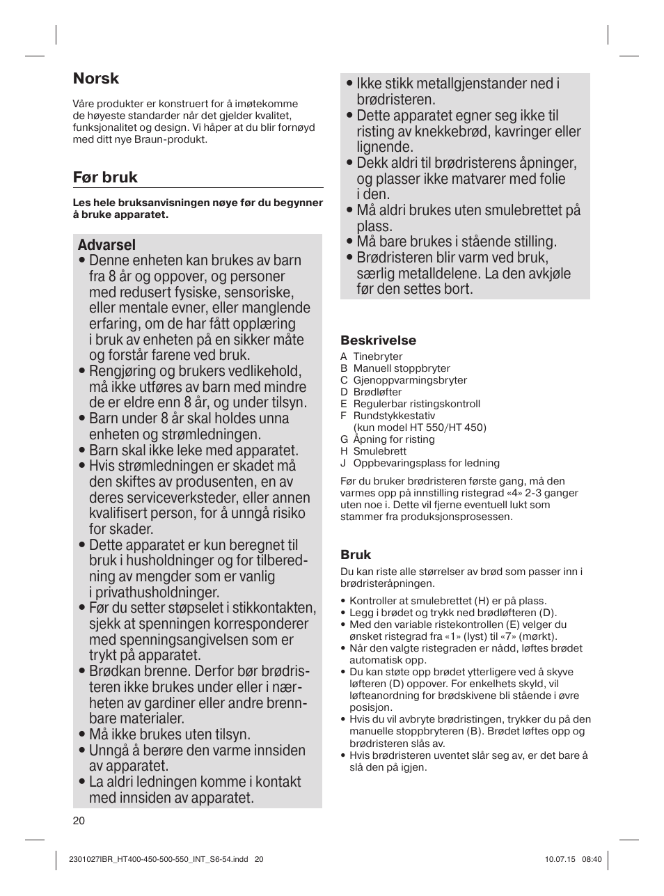 Norsk, Før bruk | Braun MultiToast HT400 User Manual | Page 20 / 54
