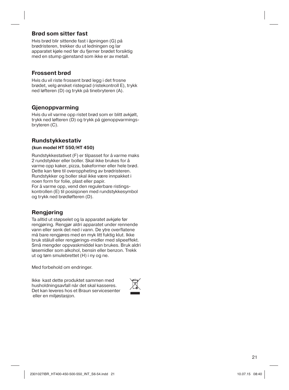 Braun MultiToast HT400 User Manual | Page 21 / 54