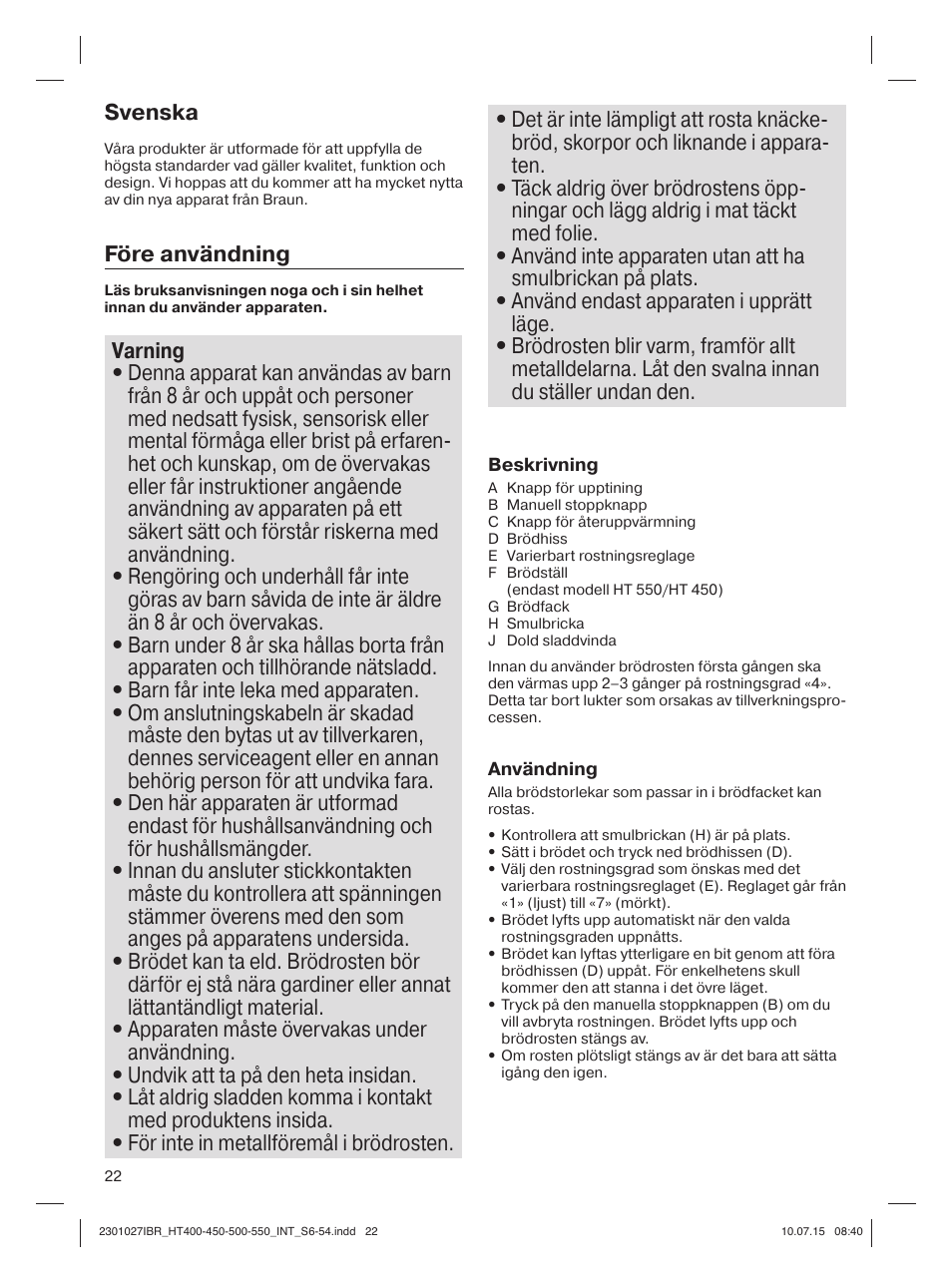 Svenska, Före användning | Braun MultiToast HT400 User Manual | Page 22 / 54