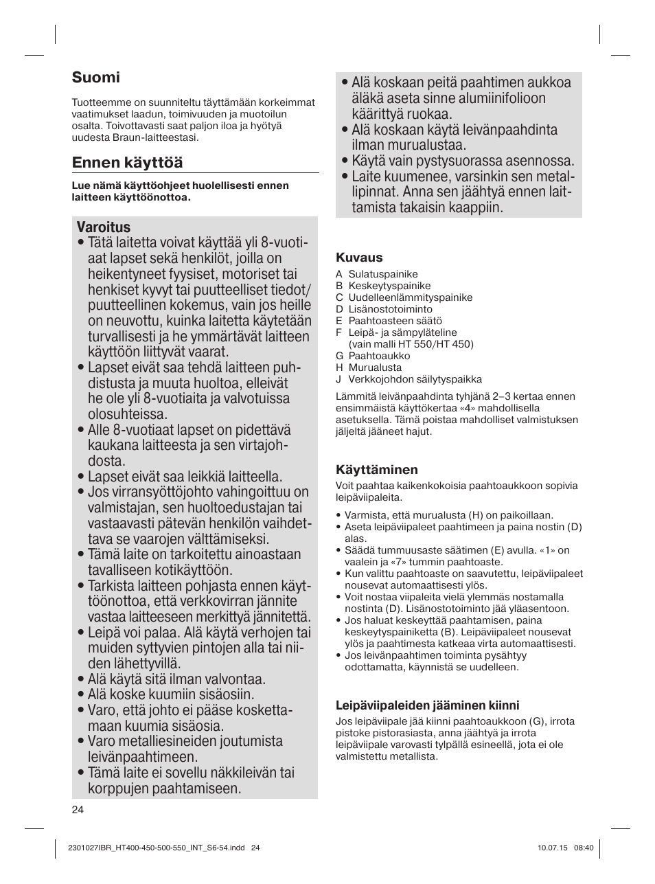 Suomi, Ennen käyttöä | Braun MultiToast HT400 User Manual | Page 24 / 54