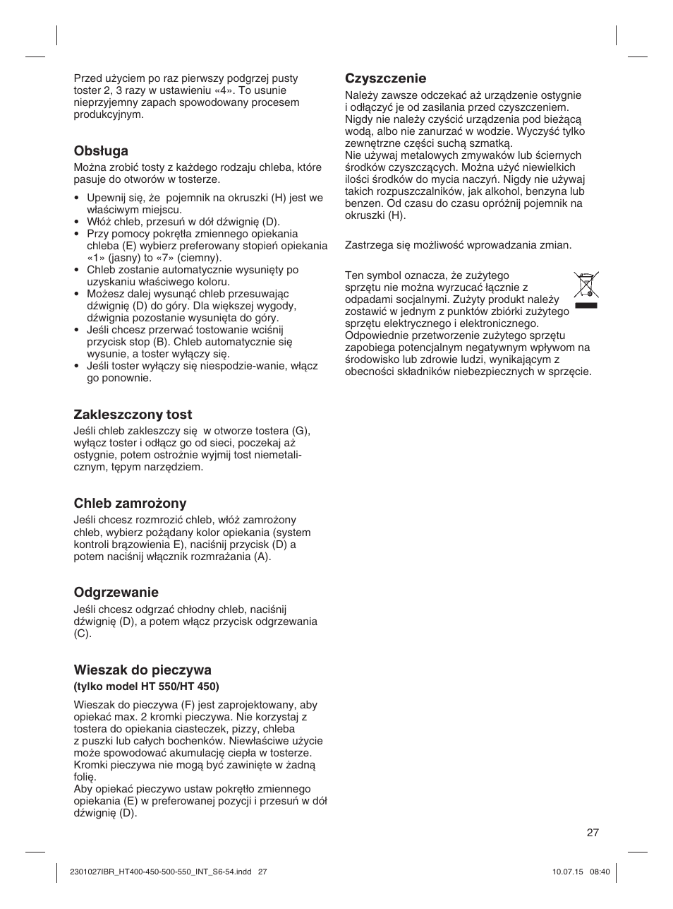 Obs∏uga, Zakleszczony tost, Chleb zamro˝ony | Odgrzewanie, Wieszak do pieczywa, Czyszczenie | Braun MultiToast HT400 User Manual | Page 27 / 54