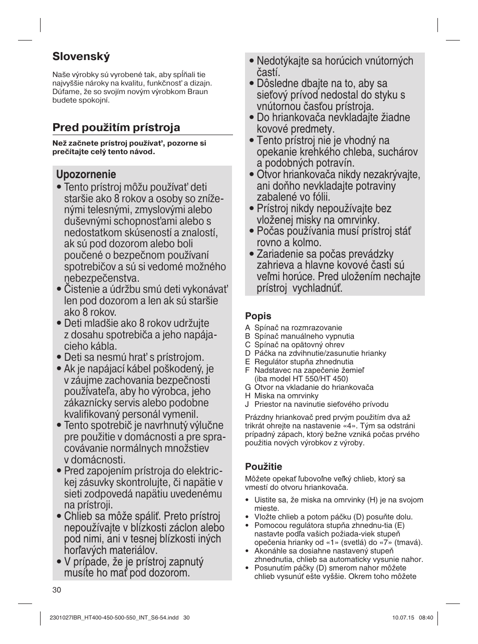 Braun MultiToast HT400 User Manual | Page 30 / 54