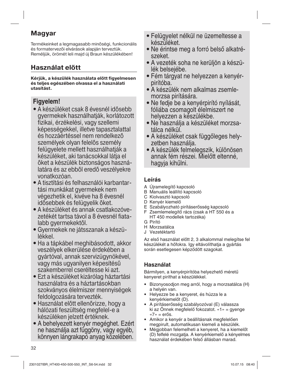 Braun MultiToast HT400 User Manual | Page 32 / 54