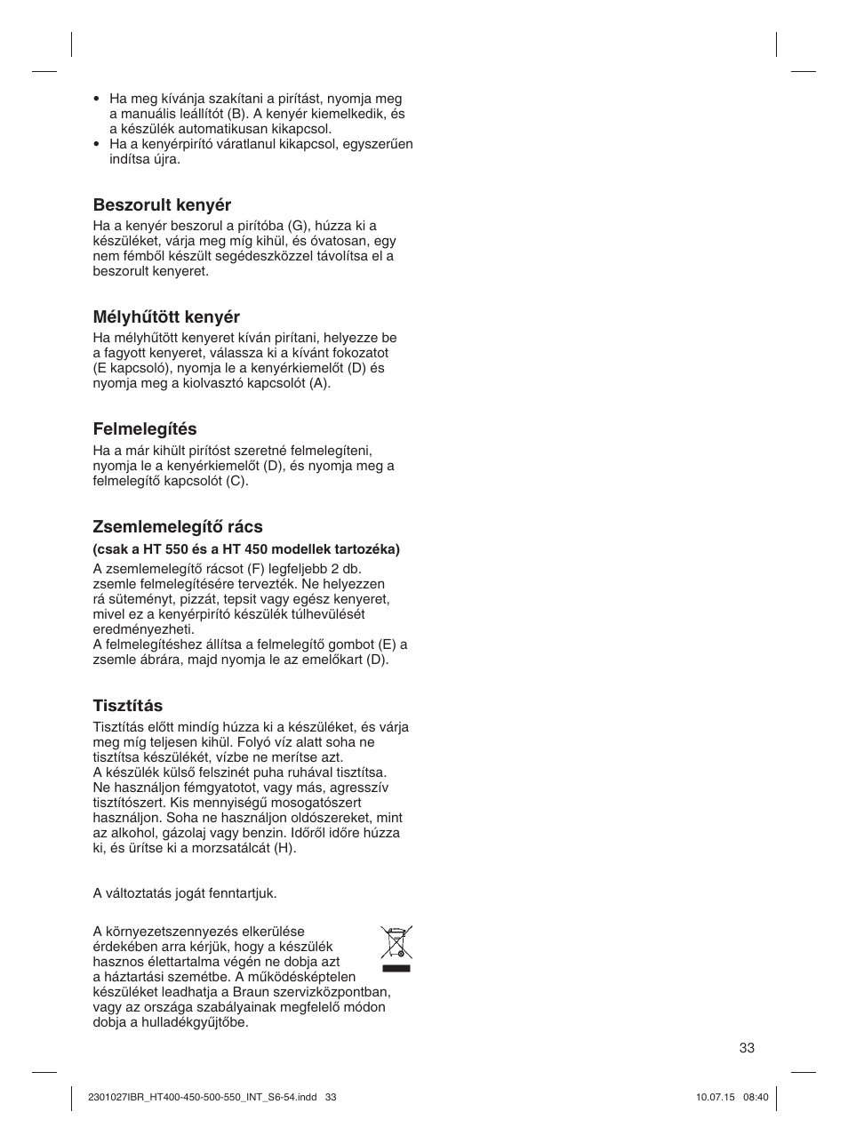 Beszorult kenyér, Mélyhıtött kenyér, Felmelegítés | Zsemlemelegítœ rács, Tisztítás | Braun MultiToast HT400 User Manual | Page 33 / 54