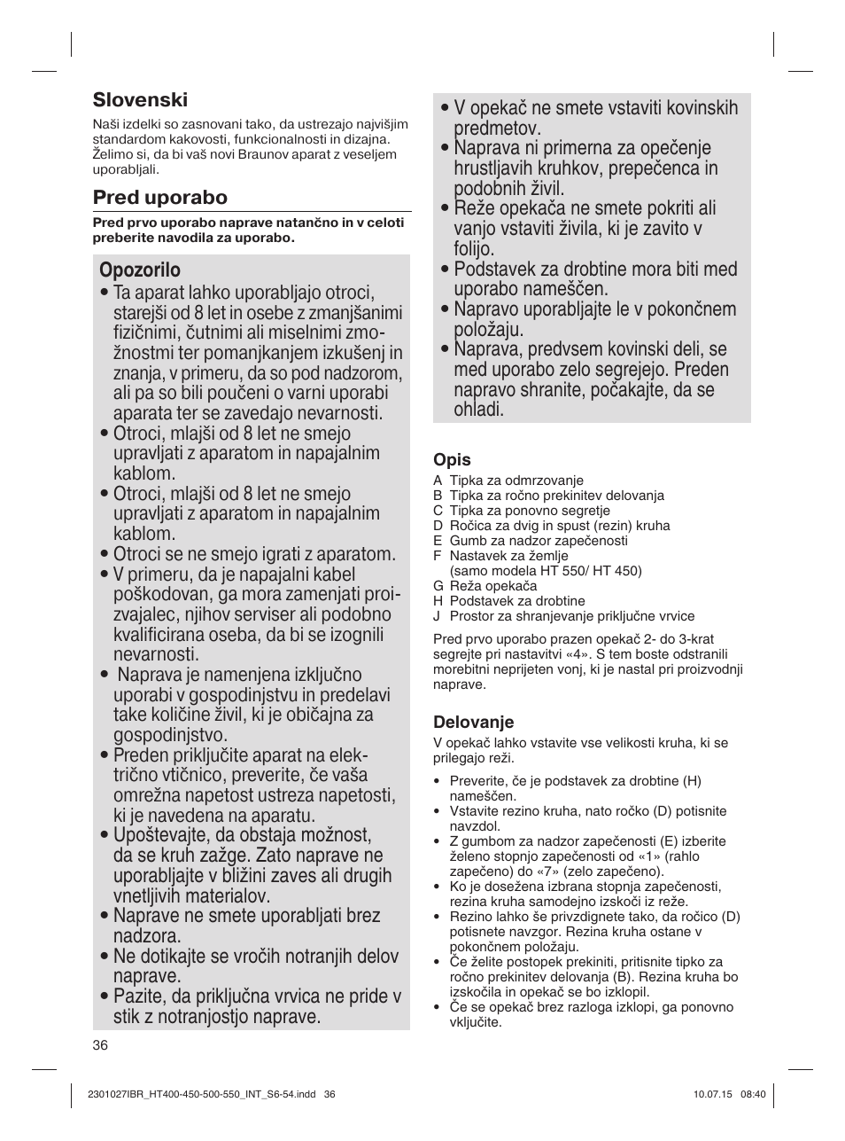 Slovenski, Pred uporabo | Braun MultiToast HT400 User Manual | Page 36 / 54