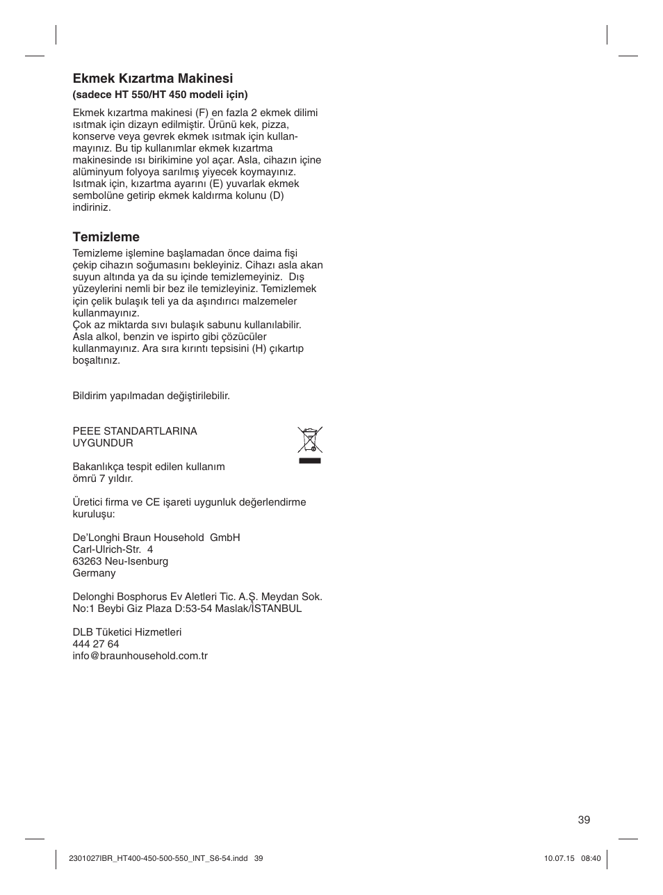 Ekmek kızartma makinesi, Temizleme | Braun MultiToast HT400 User Manual | Page 39 / 54